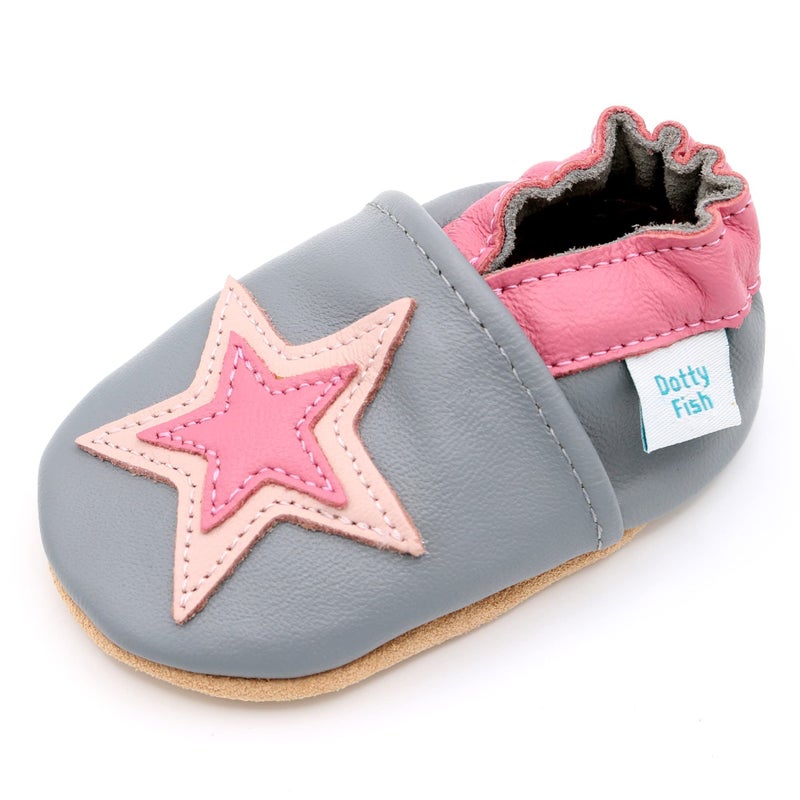 Dotty Fish Soft Leather Infant Shoes Girls pre-Walkers. Grey with Pink Star. 12-18 Months - Image 1